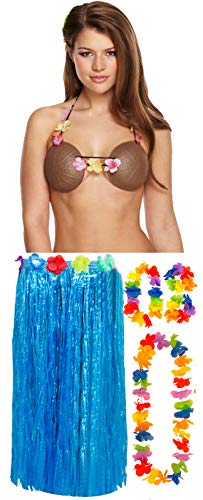 Jupe hula herbe 80 cm avec lei de fleurs et costume de déguisement hawaïen femme