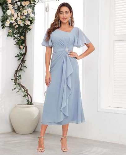 Tea Length Mother of The Bride Dresses with Sleeves Chiffon V Neck Ruffles Beaded A Line Formal Wedding Guest Dress4