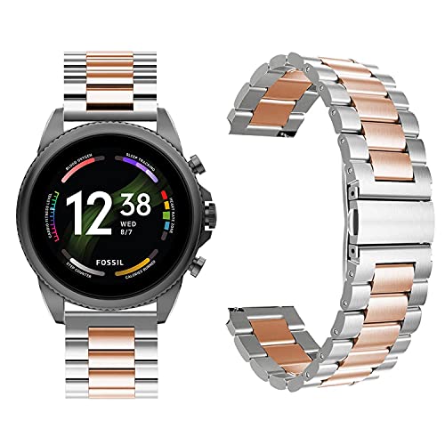 Giaogor Bands Compatible with Fossil Gen 6 Smartwatch Band Solid Stainless Steel Metal Band for Fossil Gen 6 42mm / 44mm Smartwatch (Silver-Rose Gold