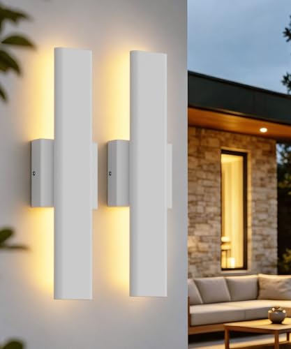 Image of Aipsun 15.7 inch LED Outdoor Wall Sconce, Modern White Exterior Wall Light | 2 Pack 3CCT(3000K-4000K-6000K) IP65 Waterproof, Memory Function, Linear Outside Wall Light for Entrance, Garage, Porch, Patio