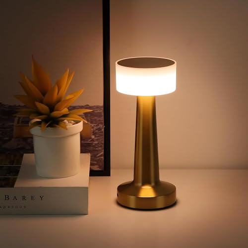 NYRWANA Table Lamp | 2000 mAh Battery | Lamps for Bedroom, Night Lamp, Table Lamp for Bedroom & Living Room, Bedside Lamp, Stepless Dimming, 3 Colour Touch Control, Wireless Charging - Metal (Gold)