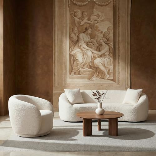 Image of Curved Sofa Set of 2,Modern Living Room Sofa Integral Sofas Furniture 3-Seater Sofas + 360 Degree Swivel Barrel Chair Tight Curved Back Boucle Fabric Wood Frame with Pillows Curves Couch and Chair Set