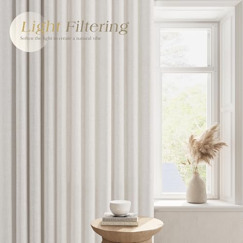 Image of Nanspring Ivory White Linen Curtains 102 Inches Length for Living Room Extra Long 2 Panels Grommet Light Filtering Farmhouse Large Sheer Window Drapes Flax Burlap Soft Curtain for Sliding Glass Door