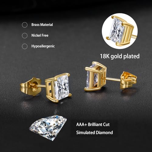 Gemsme 5 Pairs Princess Cut Cubic Zirconia Stud Earrings for Women/Men - 18K Gold Plated Hypoallergenic 3-7mm Square Clear CZ Earring Set3