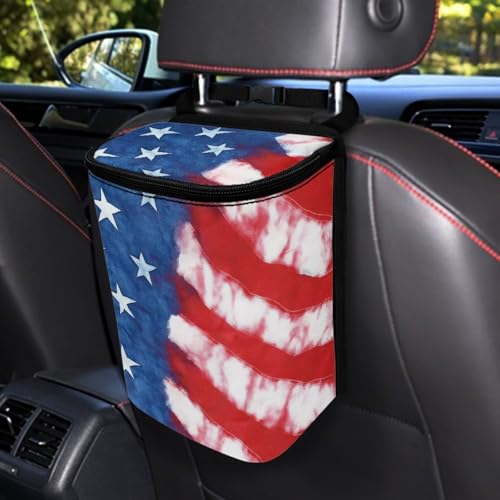 Image of Talayituse American Flag Tie Dye Print Car Trash Bin, Large Size Auto Trash Can Adjustable Portable Garbage Can with Lid, Vehicle Hanging Bag for Headrest Front Back Seat