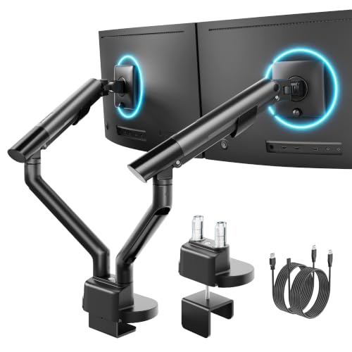 monTEK dual monitor arm holding two screens above a clear desk — the 24.3 lbs per arm rating is the highest in this group