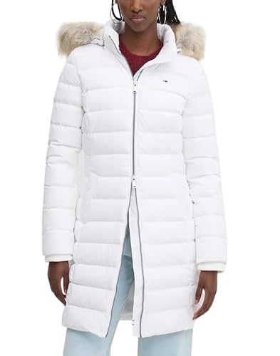 Tommy Jeans Women's Cream Long Puffer Jacket in Size 10, Sports Direct