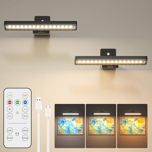 BrightWish Lámpara de Imagen Inalámbrica, Luz para Cuadros Recargable con Mando a Distancia, 3 Temperaturas de Color, 10 Niveles de Brillo Regulable, Temporizador, para Pinturas, Espejo y Dardos - 2 P