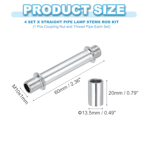 Image of PATIKIL Straight Pipe Lamp Stems Rod Kit, 4Set M10 Carbon Steel 60mm(2.36 inch) Long Double End Thread Rod with Coupling Nuts Sleeve Connector for Table Lamps Chandeliers, Silver Tone
