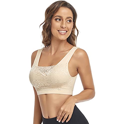 Image of Litthing Lace Bralettes for Women Padded Sports Bra Seamless Plus Size Tank Tops Wirefree Comfort Yoga Cami T Shirt Bras