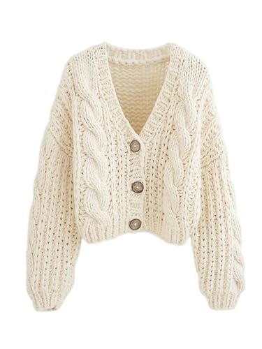 AYAZER Handmade Thick Knit Tops Women's Fashion Short Knitted Cardigan Sweater Retro Long Sleeve Women's Jacket Chic-Beige-One Size AYAZER Handmade Thick Knit Tops Women's Fashion Short Knitted Cardigan Sweater Retro Long Sleeve Women's Jacket Chic-Beige-One Size