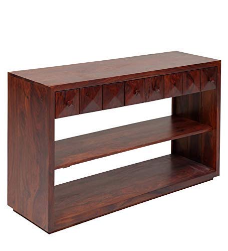 Image of Solid Sheesham Wood Console Table for Living Room | Wooden Side Entrance Fish Tank Table with 2 Shelves & 2 Drawers Storage | Rosewood Mahogany Finish