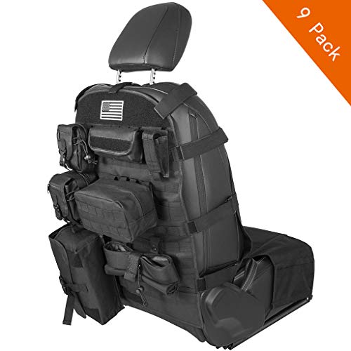 Univeral Car Back Seat Organizer with Muti Molle Pockets, Storage Bag/Case and Seat Cover for Jeep Ford Toyota (Set of 9)