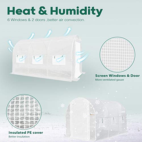 King Bird Upgraded 10X6.6X6.6Ft Large Walk-In Greenhouse Heavy Duty Galvanized Steel Frame 2 Zippered Screen Doors 6 Screen Windows Tunnel Garden Plant Hot Green House 18 Stakes 4 Ropes 2 Gloves White #TOP5