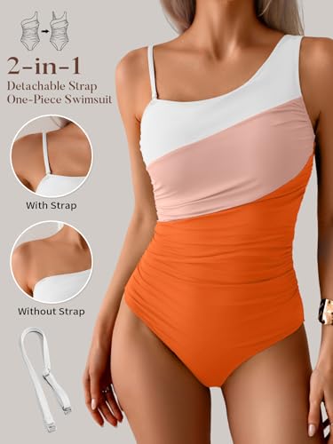 Image of Aidonger One Shoulder One Piece Swimsuit for Women Tummy Control Bathing Suits Color Block Ruched Swim Suit Slimming Swimwear