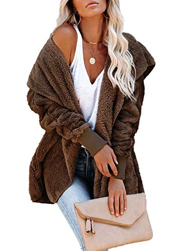Image of Dokotoo Womens 2025 Winter Long Sleeve Solid Fuzzy Fleece Open Front Hooded Cardigans Jacket Coats Outerwear with Pocket