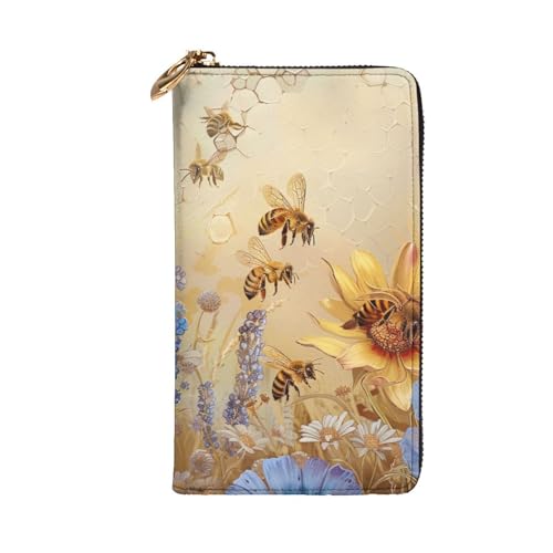 Women's Leather Wallet - Rural Honey Bees Wildflowers Prints Coin Purse Travel Card Holder Zipper Purse Cell Phone Handbag2