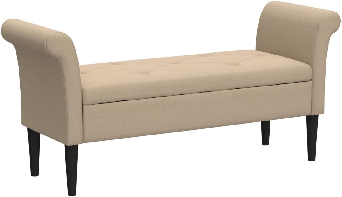 Alunaune Upholstered Storage Bench for Bedroom End of Bed Bench Ottoman, Tufted Entryway Bench Settee, Modern Fabric Footstool with Arms for Living Room-Tan