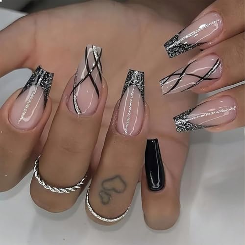 GlamRays - Paquete de 24 uñas francesas autoadhesivas en forma de ataúd, con línea negra y plateada, uñas postizas de cobertura completa, reutilizables, adhesivas, de acrílico, pegatinas para uñas