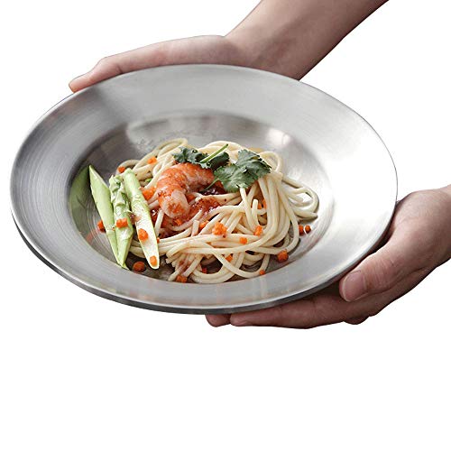Qualizon Stainless Steel Double Layer Dinner Plate with Rim Heat Isolation Serving Plate for Pasta/Salad/Dessert/Appetizer 2-piece (9Inch)