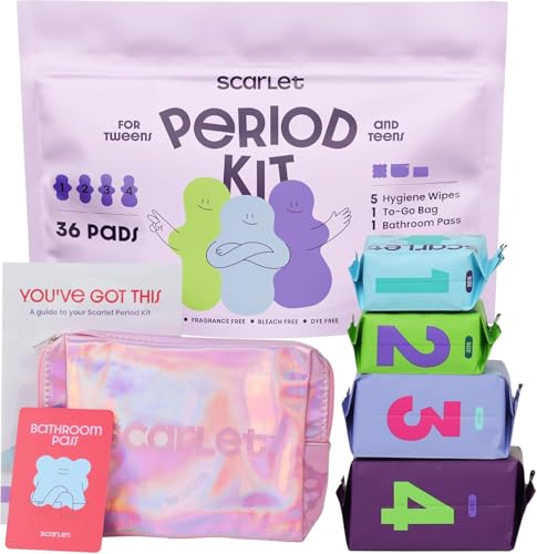 Scarlet By RedDrop Tween Period Kit for Girls 912 (45 Pcs) | 36 Pads with Wings (Light Moderate Heavy Max) 5 Wipes PU Bag Education Booklet Bathroom Pass & Sticker Sheet