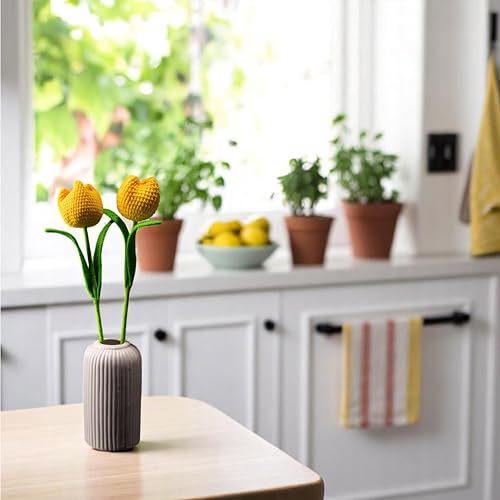 Image of Tulip Crochet Flowers | Handcrafted Artificial Faux Woolen Flower with Long Stem | Natural Looking Knitted Flower for Home, Living Room, Vase & Bouquet Decoration & Gifting | Yellow-2 Pcs