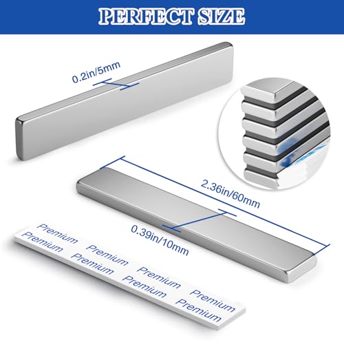Image of Grtard 12 Pack Powerful Heavy Duty Rare Earth Magnet, 60x10x3mm | Strong Neodymium Bar Magnets with Double-Sided Adhesive, Magnetic Strip for Fridge, Garage, Kitchen, Science, Craft, Office