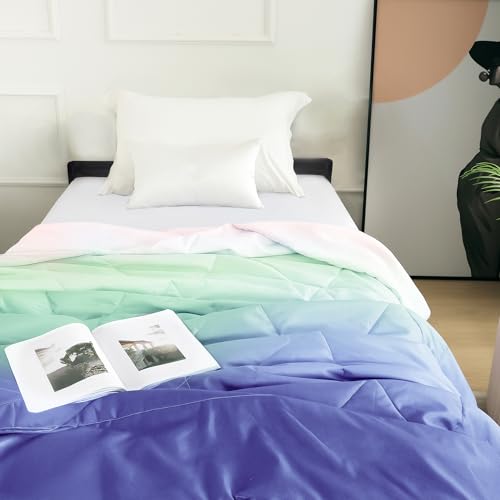 Image of Ac Comforter Single Bed Ombre with Satin Finish 240 GSM - Reversible AC Comforter - Blue Comforter Quilt Duvet Dohar Blanket for Summer 150x225cm