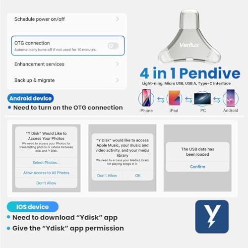 Image of Verilux Pendrive 256GB 4 in 1 Flash Drive with Light-ning, Micro USB, USB A, Type-C Interface Mini Hangable PenDrive for iOS & Android Compatible with iPhone, iPad, Android, PC and More Devices