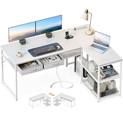 AODK 53 Inch L Shaped Computer Desk with Drawers, Corner Desk with Power Outlets & Reversible Storage Shelves, for Home Office Gaming, White