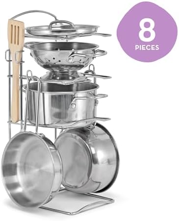 Melissa & Doug Stainless Steel Pots & Pans, 8 Piece Play Kitchen Set, Premium Play Kitchen Accessories & Cooking Utensils, Preschool Toys for Kids 3+ - 4