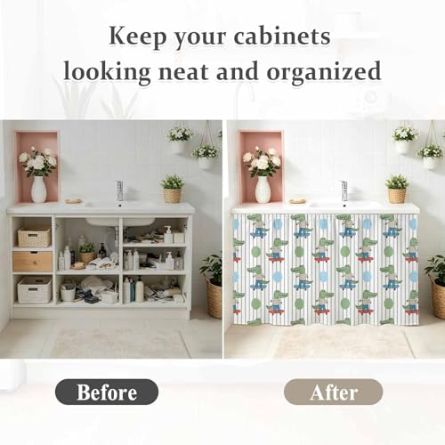 Anzona Cartoon Dinosaurs Cabinet Curtains 28" W x 51" L, Funny Animals Dots Vertical Striped Sink Skirt for Bathroom Kitchen Self Adhesive, Desk Privacy Short Curtain for Sink Under Counter Classroom - Image 7