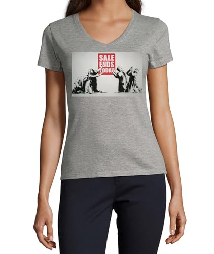 T-shirt Banksy col V coton femme gris pour éviter les hauts rêches