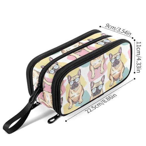 Image of Fustylead Cute French Bulldog Wear Glasses Large Pencil Case Portable Stationery Bag Cosmetics Bag with Handle for School Office Travel