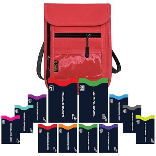 Image of Travel Neck Wallet & RFID Blocking Sleeves for Men and Women, Neck Money Pouch Anti Theft Travel Document Organizer with Adjustable Strap - Red
