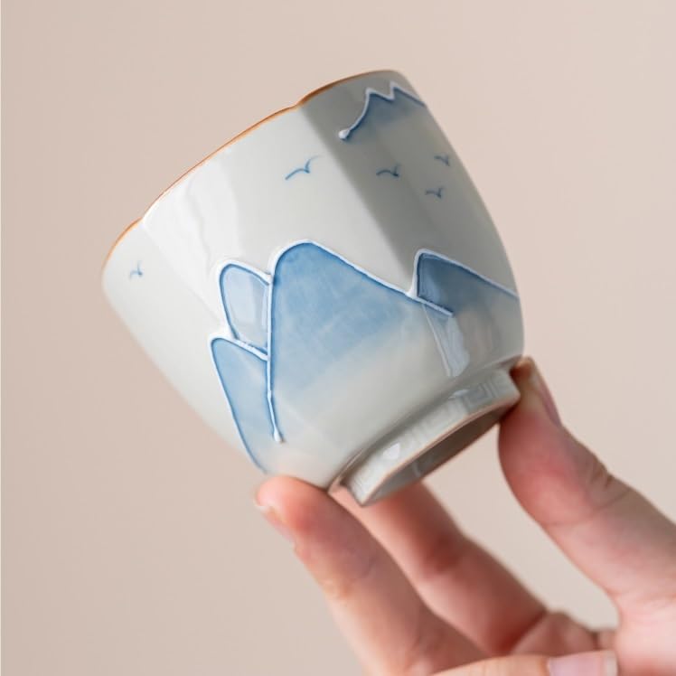 Kaffeetasse für Restaurant, Haupttasse mit handbemalter Landschaft, unter Glasur, Keramik-Teetasse Kung Fu, einfache Tasse für Zuhause, Kaffeetasse für heiße und kalte Getränke (A)