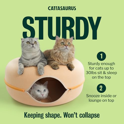 Image of Cattasaurus Peekaboo Cat Cave Donut for Multiple & Large Cats up to 30-45 lbs, 3-in-1 Self Warming Cat Bed, Tunnel & Scratcher for Indoor Cats, Washable & Detachable Dog Bed (Pastel Macaron, Large)