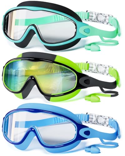 Innovation Cat 3 Pack Swim Goggles Kids Swimming Goggles with Earplugs Anti-Fog/UV Wide View Goggles for Kids 6-14