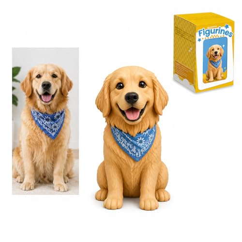 A small full-color 3D dog figurine posed on a desk, made from an uploaded photo