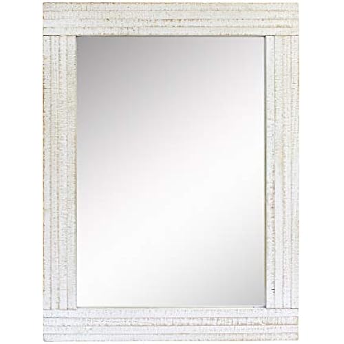 Stonebriar 24" x 18" Rectangle Worn White Wood Frame Wall Mirror with Attached Hanging Brackets, Decorative Country Rustic Decor for the Living Room, Bedroom, Bathroom, Hallway, and Entryway