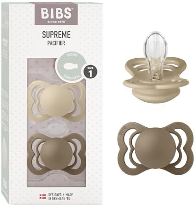 BIBS Supreme Schnuller 2er-Pack, BPA-frei, Symmetrischer Nippel. Silikon, Hergestellt in Dänemark. 0-6 Monate (2er Pack), Vanilla/Dark Oak