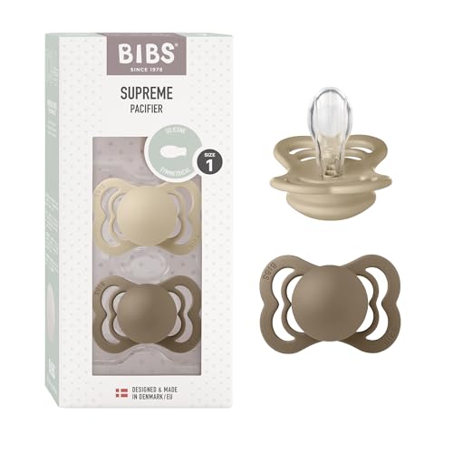 BIBS Supreme Paquete de 2 chupetes. Libre de BPA, Tetina con forma simétrica/Fisiológica. Silicona, Hecho en Dinamarca. 0+ meses (Paquete de 2), Vanilla/Dark Oak