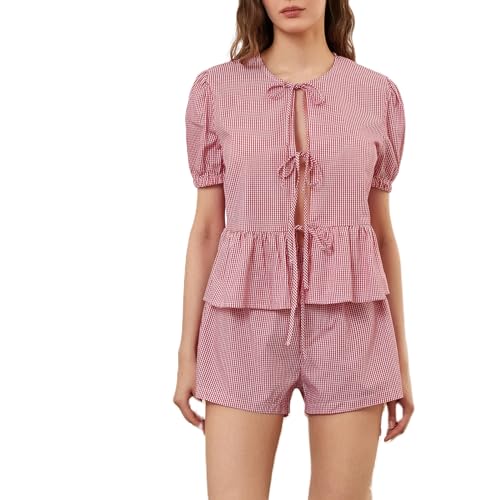 Image of Yuemengxuan Women Y2k Two Piece Plaid Lounge Sets Puff Sleeve Tie front Blouse Top High Waist Shorts Casual Pajamas Sets
