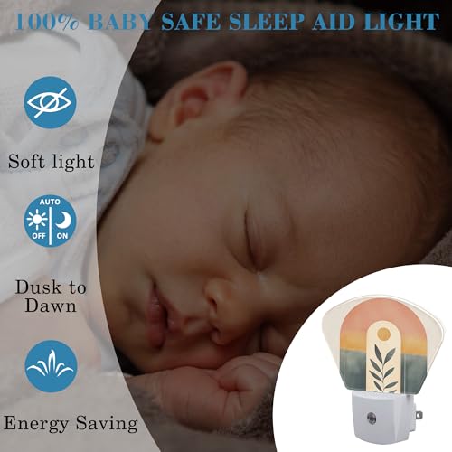 Image of Abstract Art Boho Sun Night Light Plug into Wall, Bohemian Line Leaves Night Light with Dusk to Dawn Sensor for Kid Girls Boys Women Men Room, Hallway, Kitchen, Bathroom, Stairs Decor