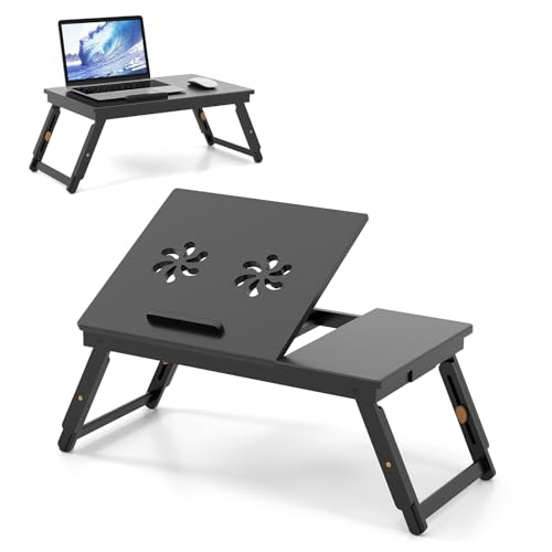 GYMAX Mesa para Portátil Regulable en Altura, Bandeja Plegable para Cama de Bambú con Superficie Inclinable, Cajón Extraíble y Orificios de Ventilación, 53 x 33 x 20-26,5 cm, Natural (Negro)