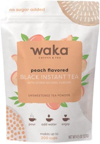 Waka Quality Instant Tea — No Sugar Added & Unsweetened Concentrated Peach Flavored Black Tea Powder — 100% Tea Leaves — 4.5 oz Bulk Bag For Hot or Iced Tea