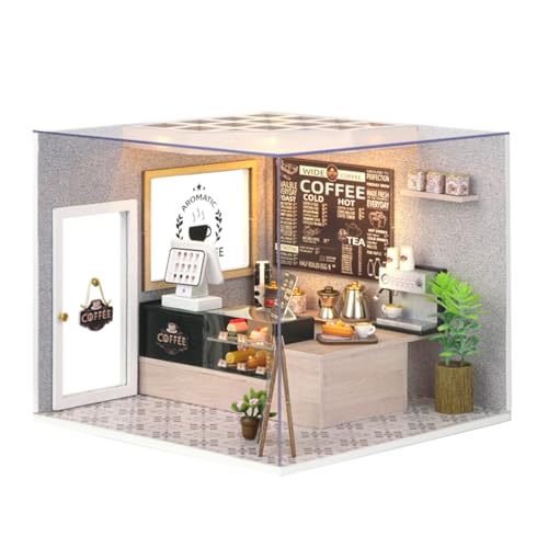 Cuteroom DIY Mini Dollhouse Juego de Muebles de Madera, caseta Hecha a Mano, pequeña casa con Caja de música, para Construir Juguetes y Regalos de cumpleaños (Leisurely Coffee Shop)