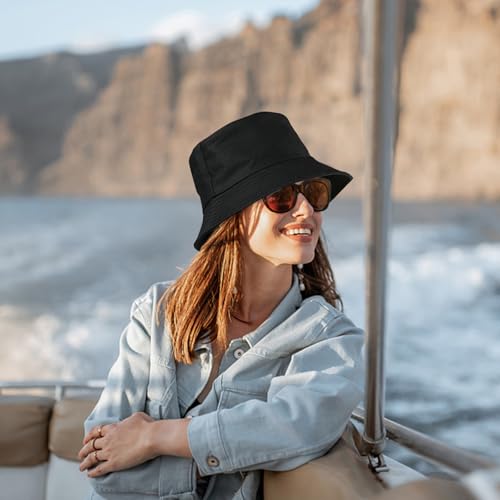 flintronic Fischerhut Bucket Hat, Unisex Baumwolle Smiling Face Hut, Faltbarer Fischerhüte, Outdoor Sommerhut Sonnenhut, Reversibel Freizeithut für Wandern Camping Reisen Angeln (Schwarz)