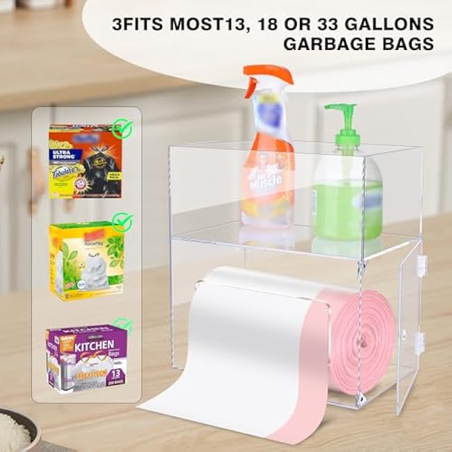 mwellewm Trash Bag Dispenser 2 in 1 Extra Large Acrylic Garbage Bag Roll Holder Under Sink Organizer Plastic Bag Storage Box with Lid Kitchen Inside Trash Can Grocery Bag (10.4 x 6.5 x 11.4 inches)
