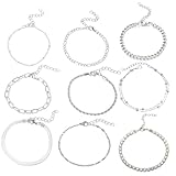 HTTDSLF 9Pcs Ketten Armbander für Damen, Silber Armbänder Silver Armband Set, Figaro Twist Schlange Armkette, Verstellbare Stapelbare Kettenarmband Silber Schmuck, Geschenk für Damen Mädchen Frauen